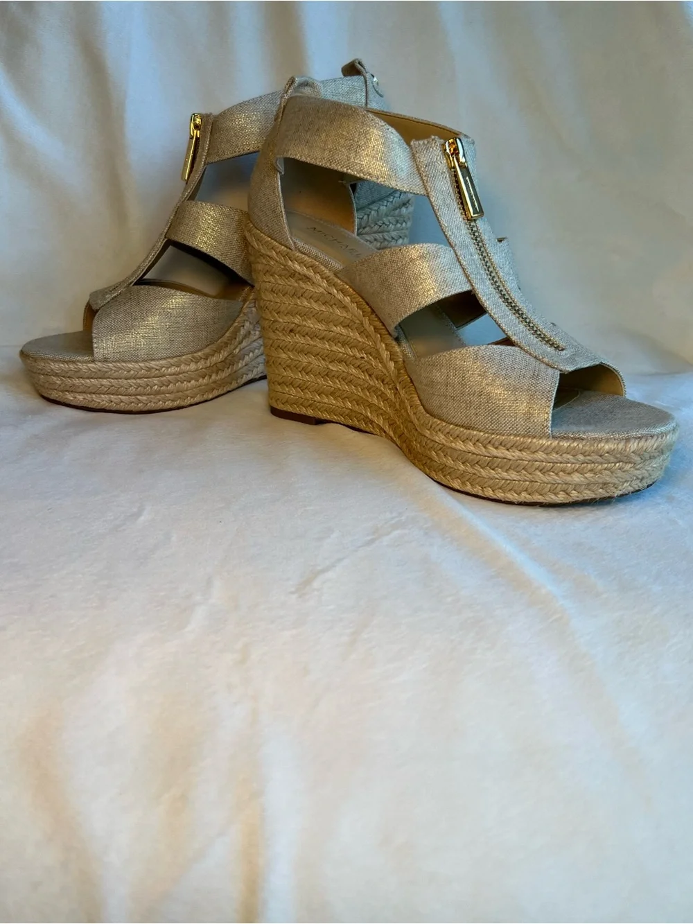 Michael Kors Gold Espadrille Wedge Sandals with Front Zip